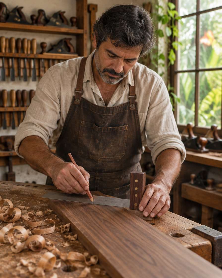 Retrato ilustrativo de um marceneiro de avental riscando com lápis, guiado pelo esquadro, uma tábua de nogueira na bancada da oficina
