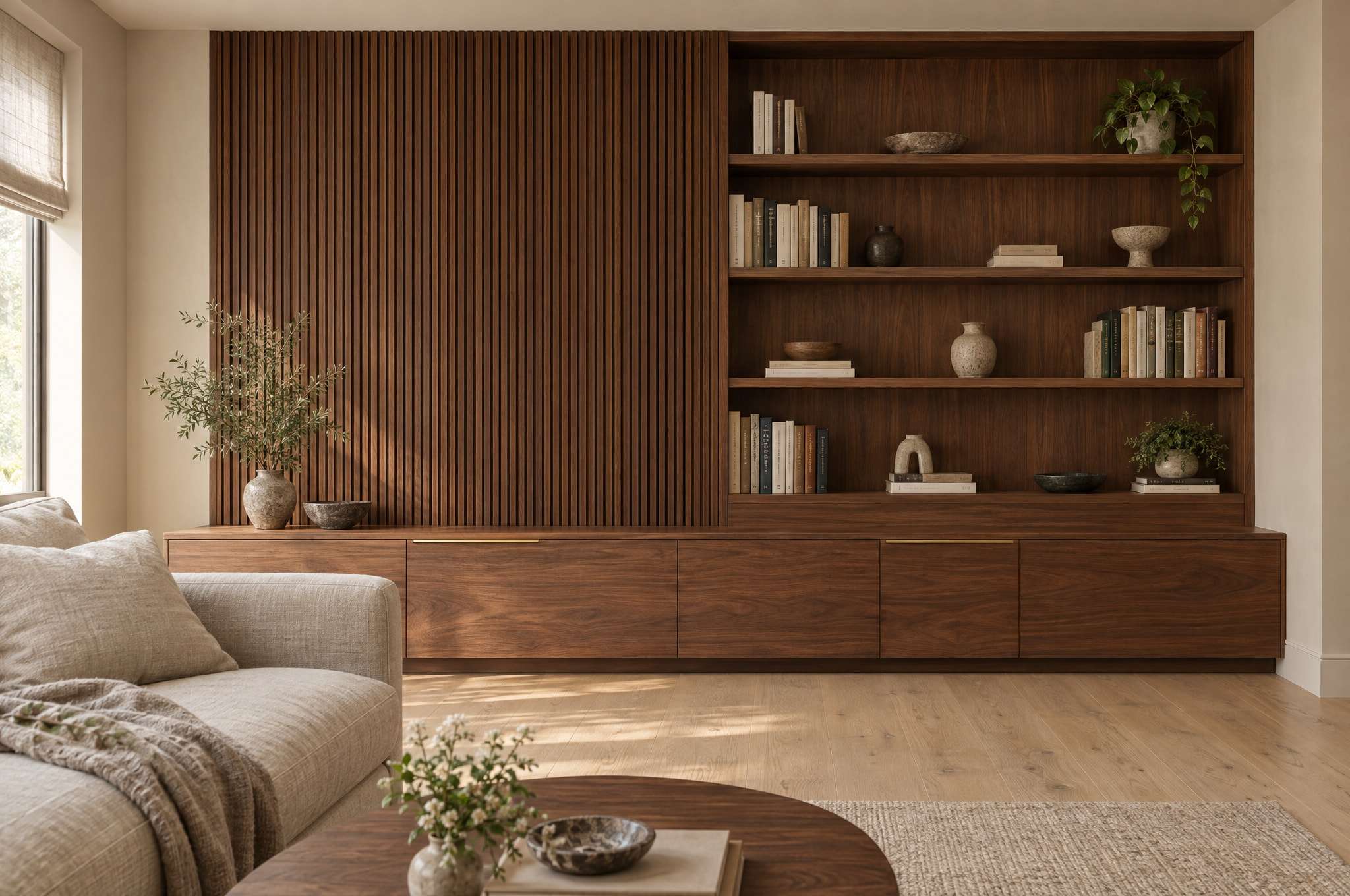 Sala com painel ripado e estante de nogueira, prateleiras com livros e buffet baixo